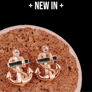 New Nautical Beach Sea Anchor Gold Tone Alloy Crystal Stud Earrings